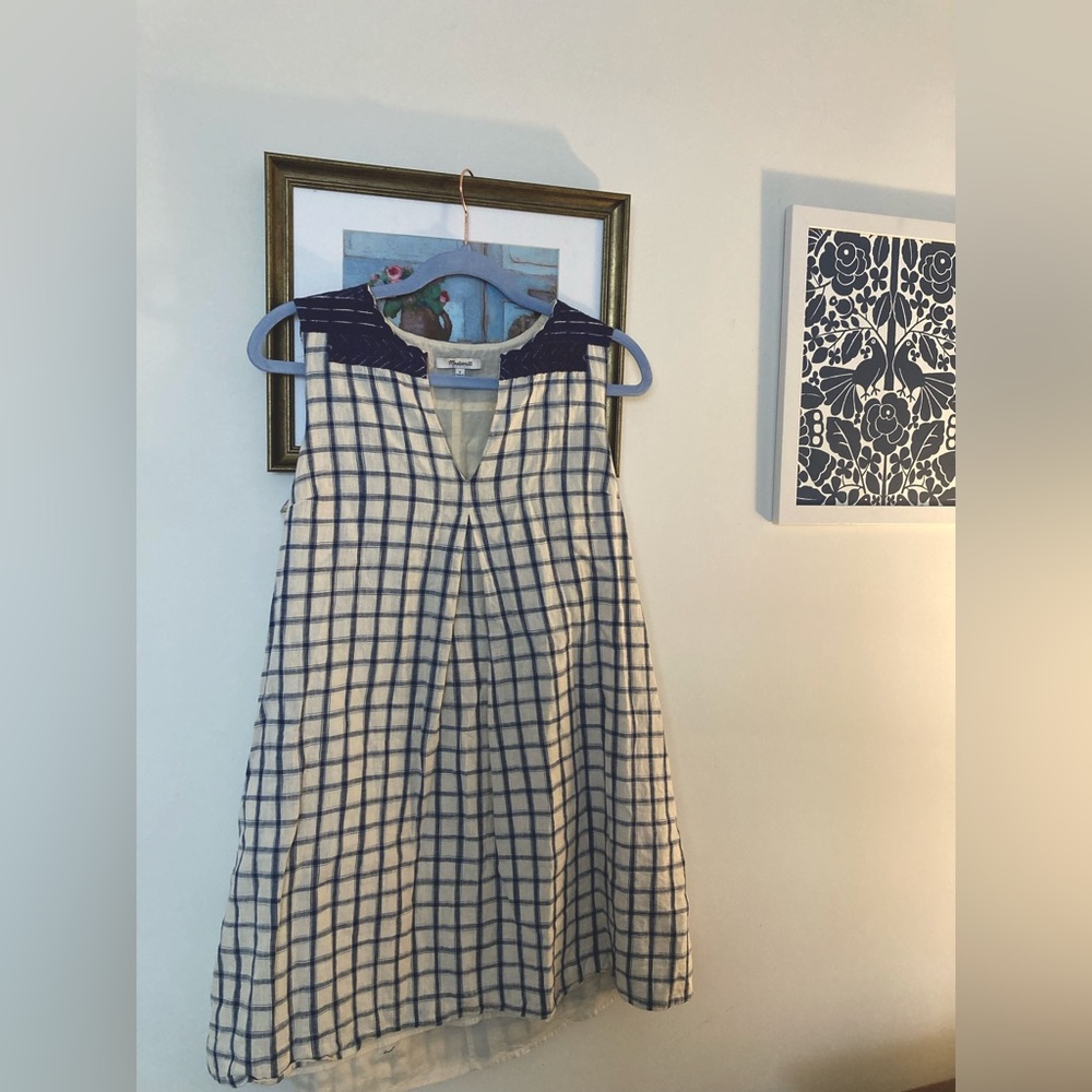 Madewell “Sunray” Linen Blue Check Sundress / Sleeveless Shift Babydoll, Size S